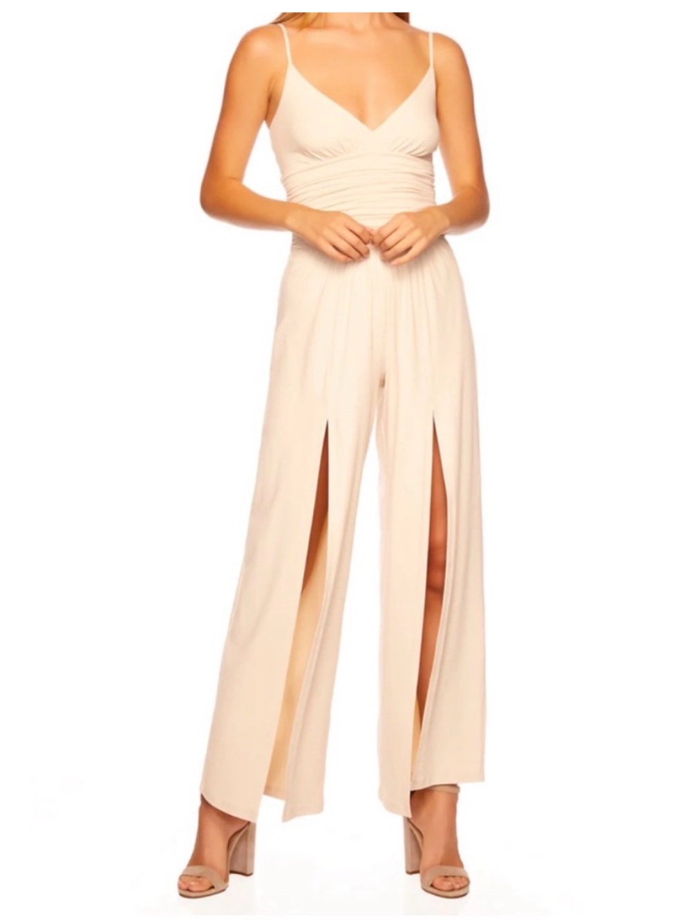 Susana Monaco String Slit Front Wide Leg Jumpsuit Blanched Almond size L | NWT